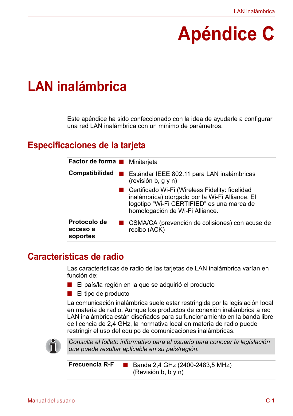 Apéndice c: lan inalámbrica, Apéndice c, Lan inalámbrica | Toshiba NB300 User Manual | Page 127 / 153