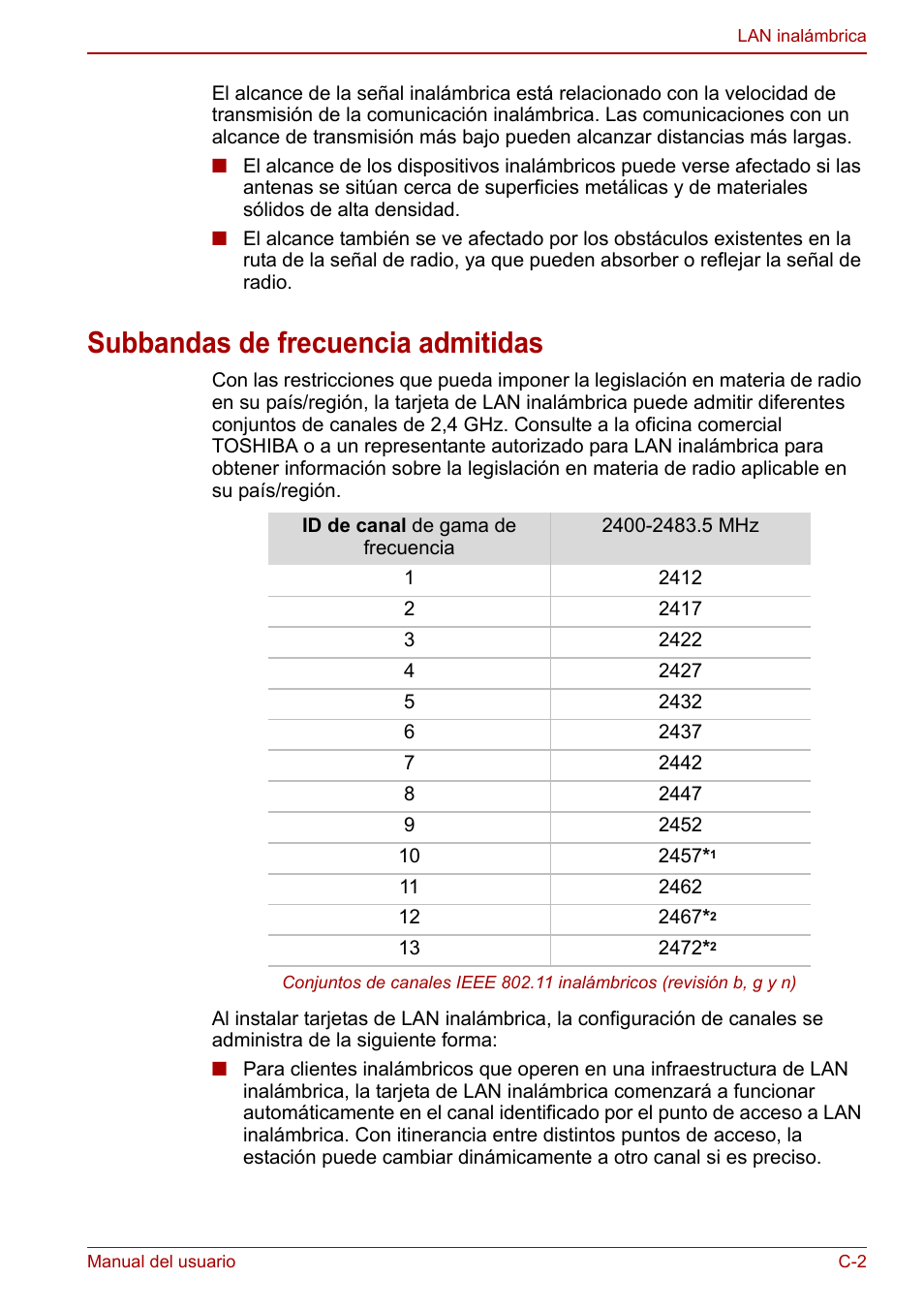 Subbandas de frecuencia admitidas | Toshiba NB300 User Manual | Page 128 / 153