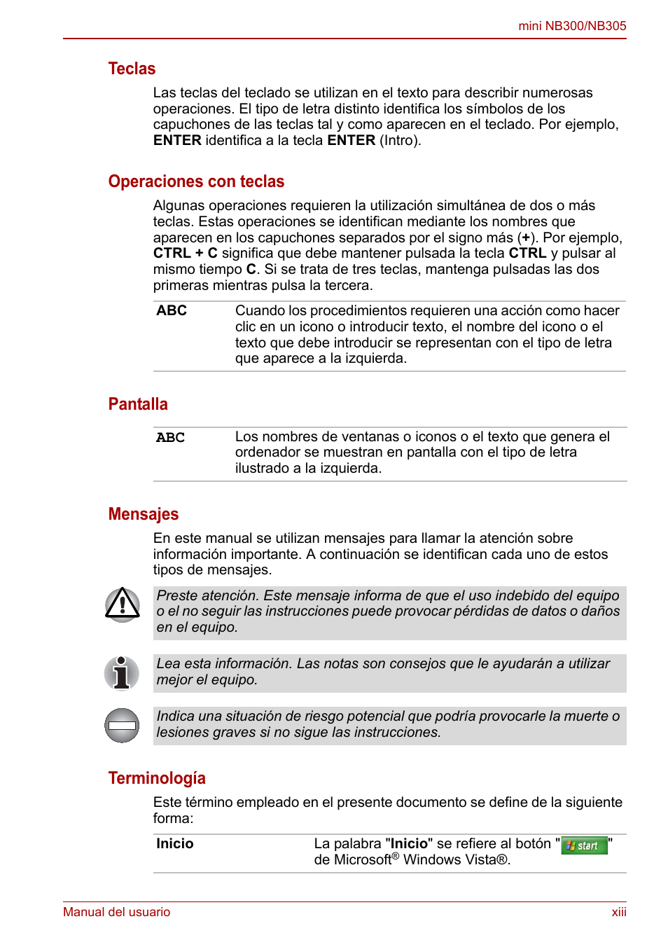 Teclas, Operaciones con teclas, Pantalla mensajes | Terminología | Toshiba NB300 User Manual | Page 13 / 153