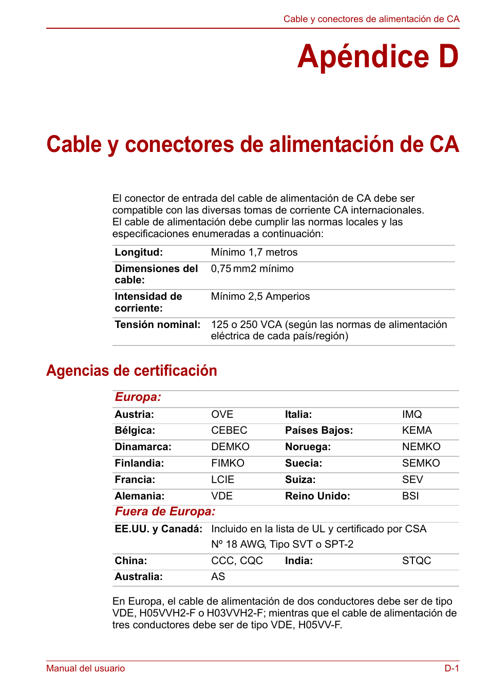 Apéndice d, Cable y conectores de alimentación de ca, Agencias de certificación | Toshiba NB300 User Manual | Page 130 / 153