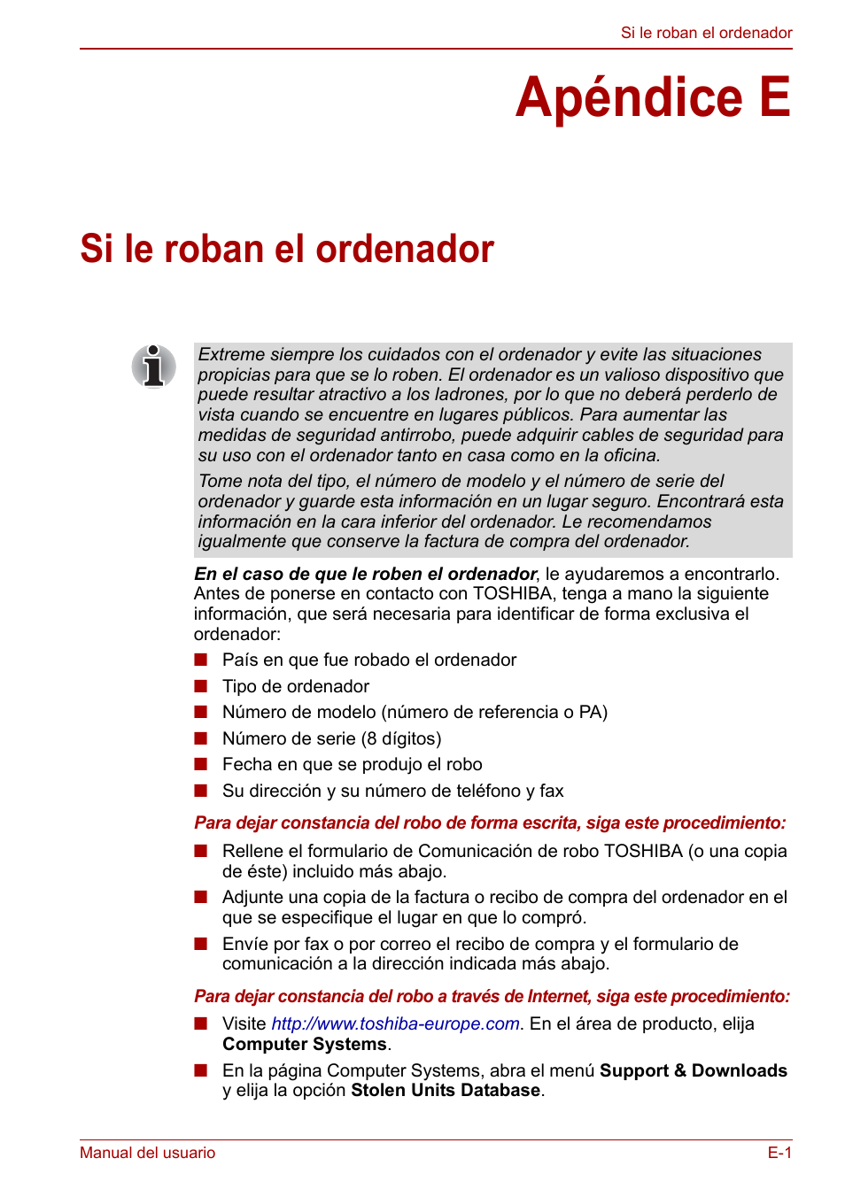 Apéndice e: si le roban el ordenador, Apéndice e, Si le roban el ordenador | Toshiba NB300 User Manual | Page 132 / 153