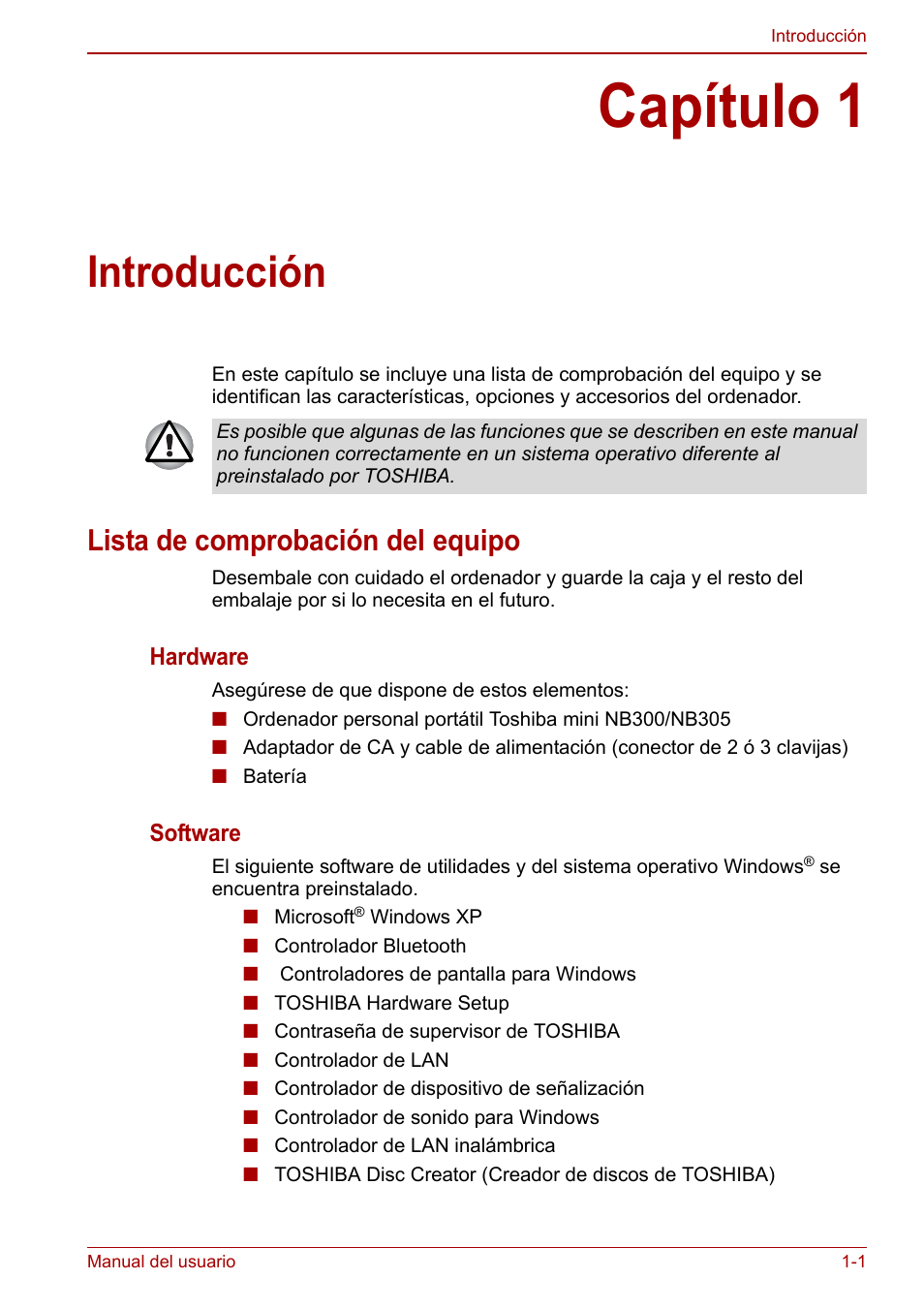 Capítulo 1: introducción, Lista de comprobación del equipo, Capítulo 1 | Introducción, Lista de comprobación del equipo -1, R la | Toshiba NB300 User Manual | Page 17 / 153
