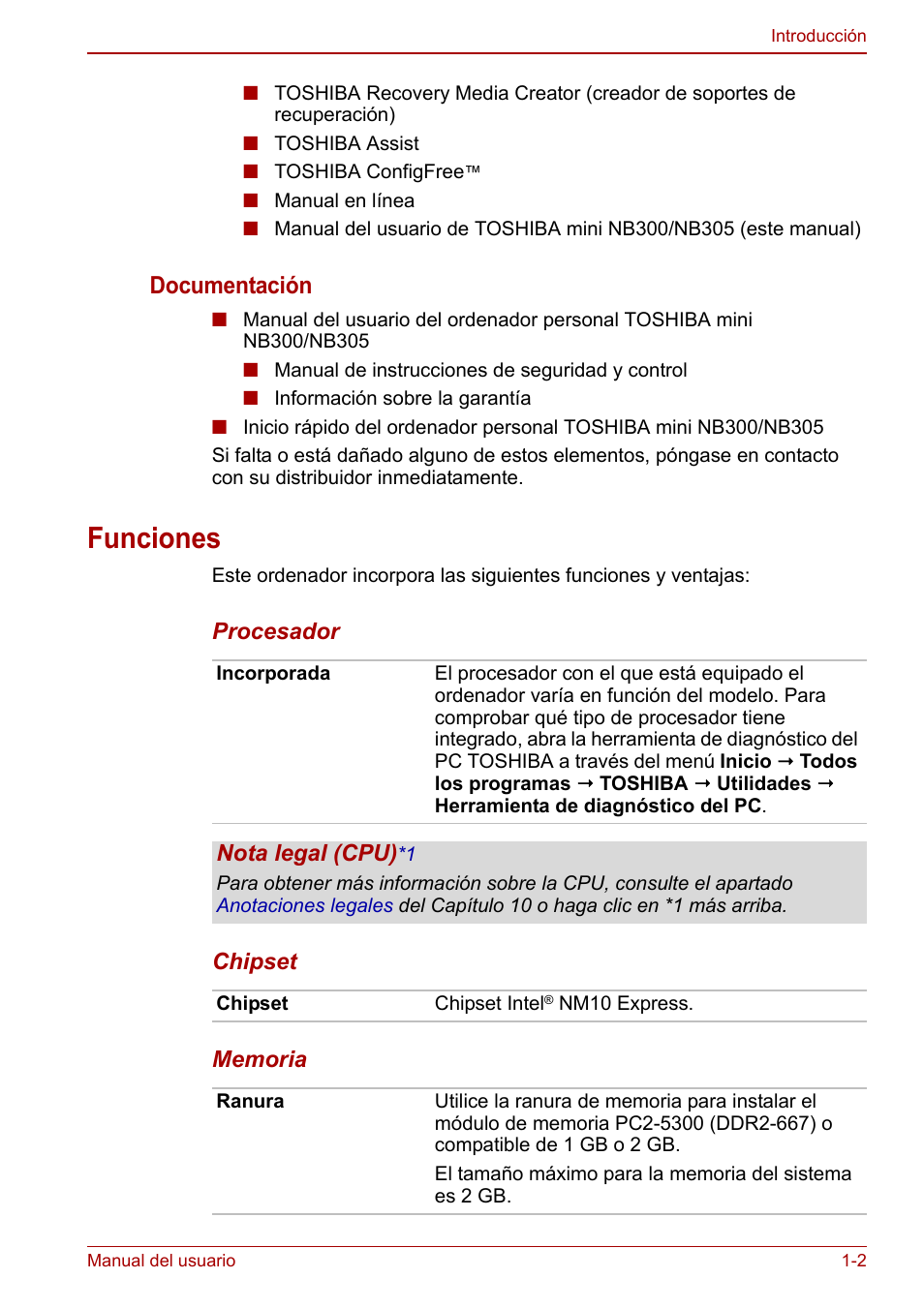 Funciones, Funciones -2, Documentación | Toshiba NB300 User Manual | Page 18 / 153
