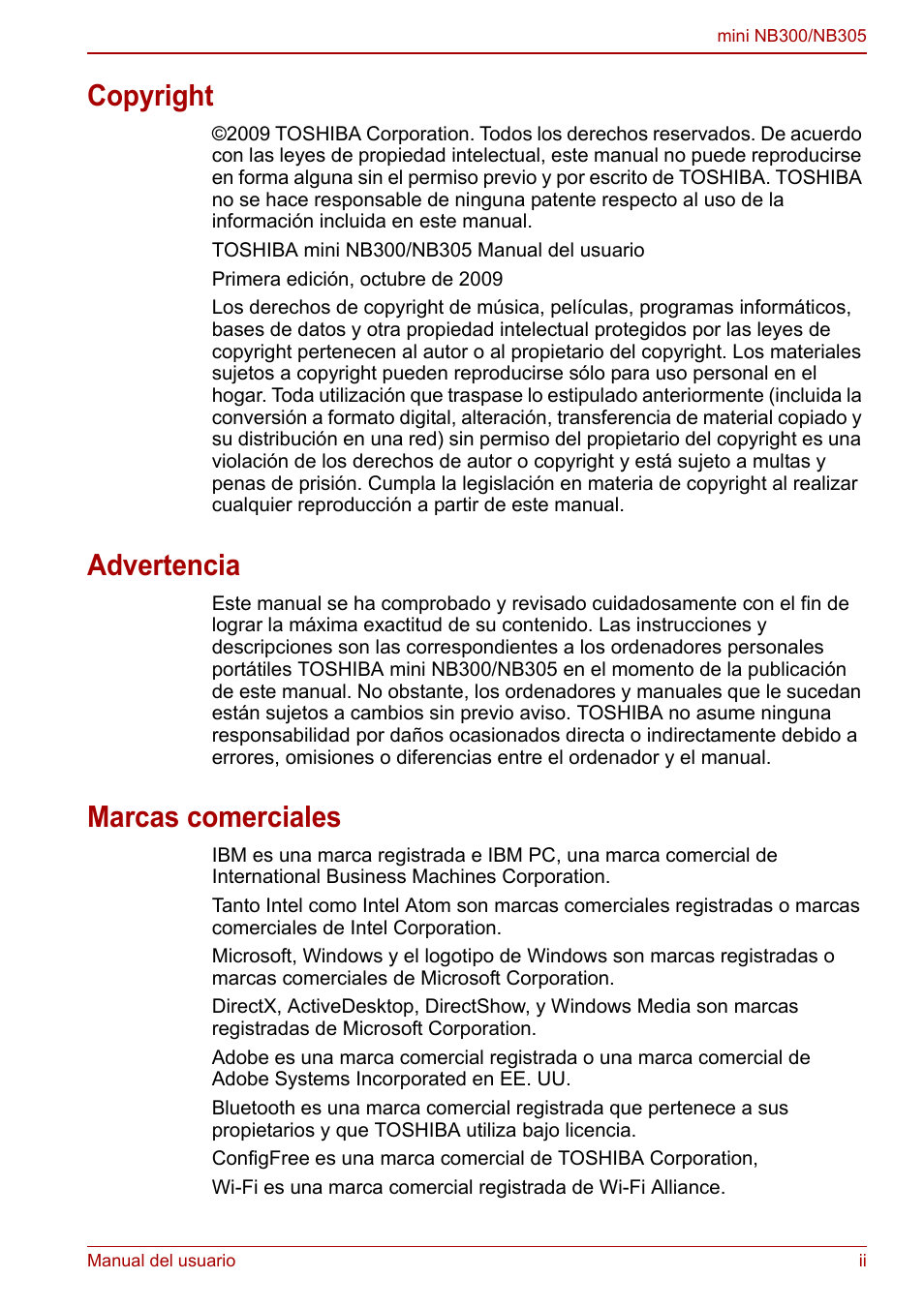 Copyright, Advertencia, Marcas comerciales | Toshiba NB300 User Manual | Page 2 / 153