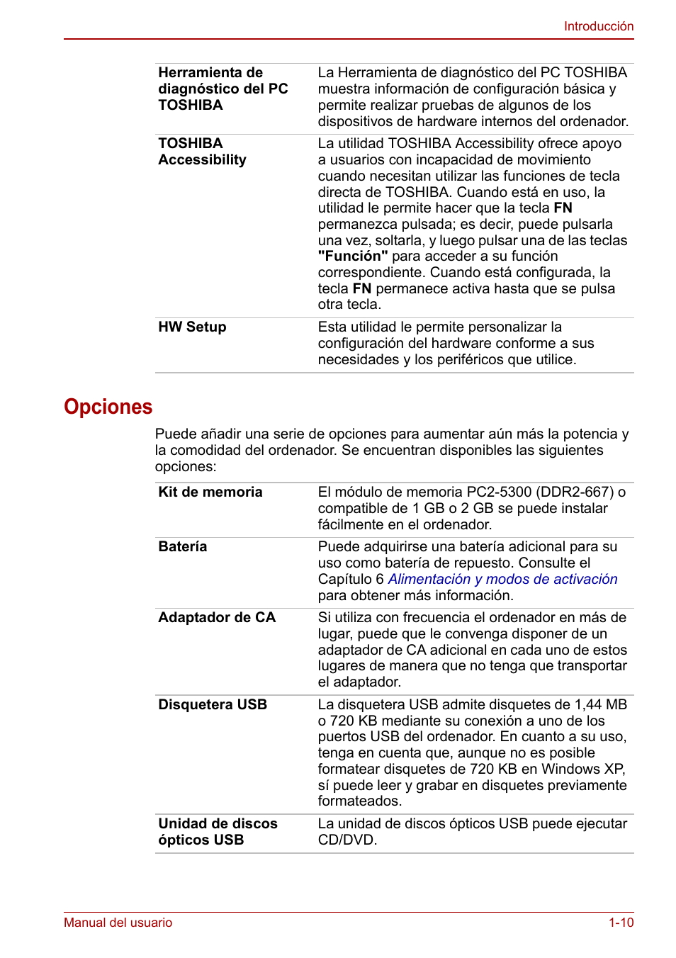 Opciones, Opciones -10 | Toshiba NB300 User Manual | Page 26 / 153