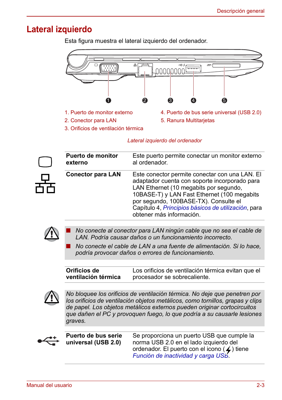 Lateral izquierdo, Lateral izquierdo -3 | Toshiba NB300 User Manual | Page 29 / 153