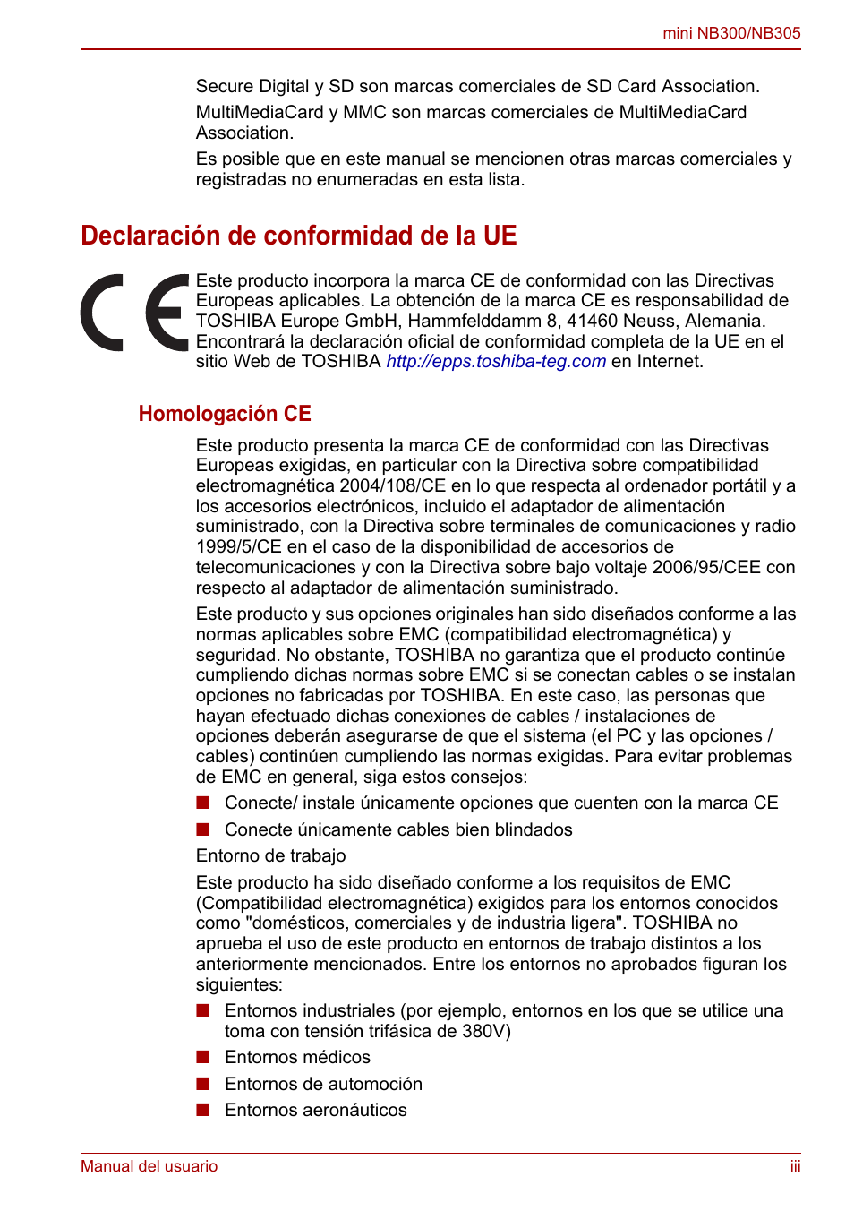 Declaración de conformidad de la ue, Homologación ce | Toshiba NB300 User Manual | Page 3 / 153