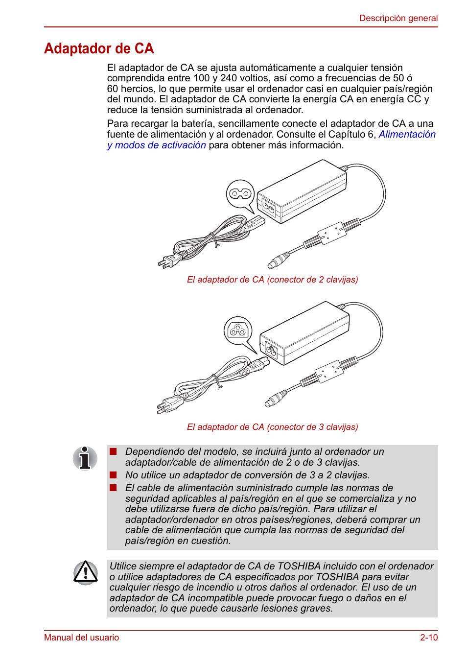 Adaptador de ca, Adaptador de ca -10, Adaptador de | Toshiba NB300 User Manual | Page 36 / 153