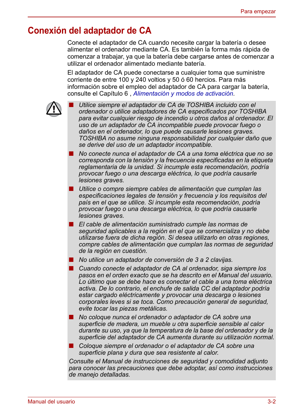 Conexión del adaptador de ca, Conexión del adaptador de ca -2 | Toshiba NB300 User Manual | Page 38 / 153