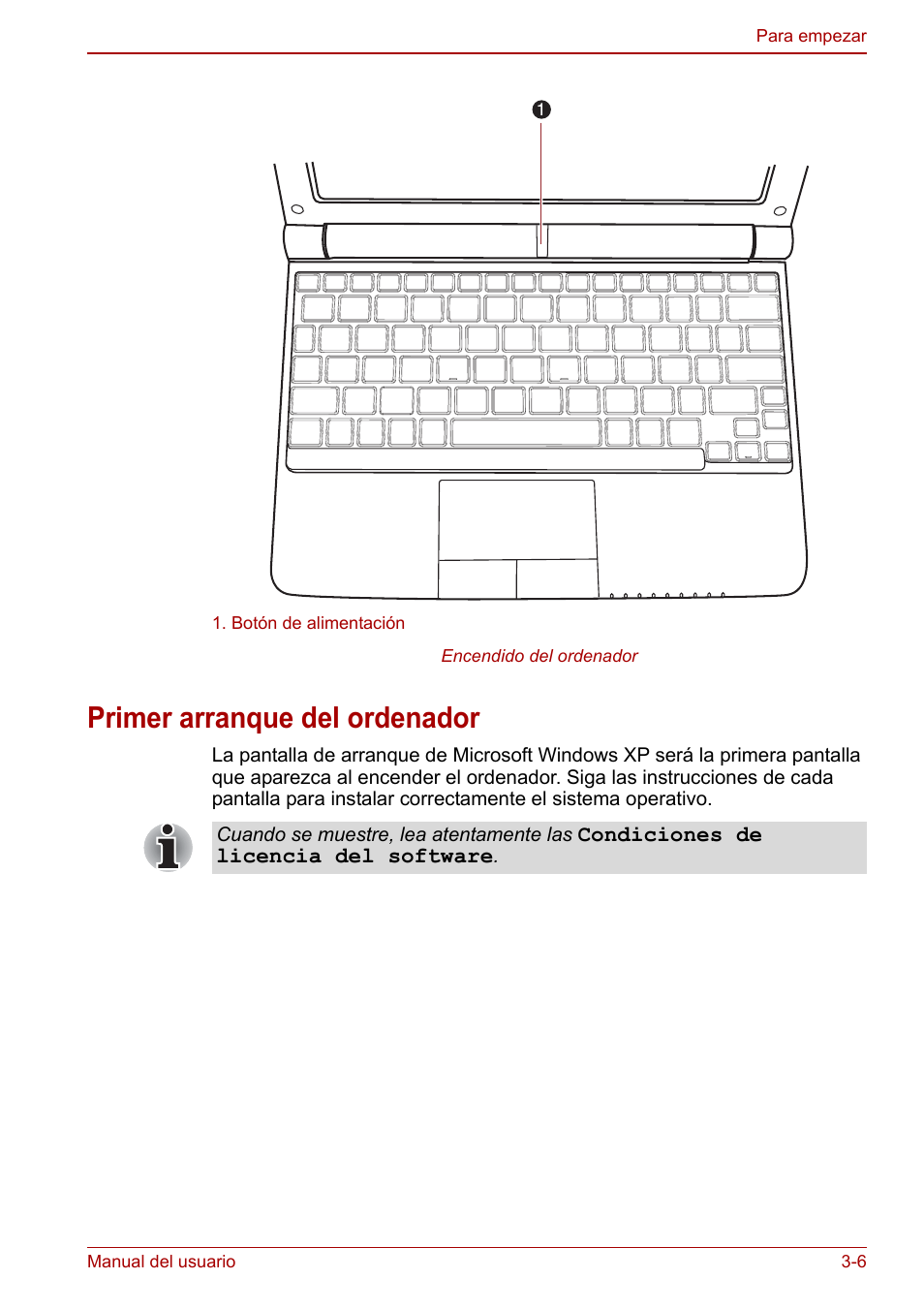 Primer arranque del ordenador, Primer arranque del ordenador -6, Primer arranque del | Ordenador | Toshiba NB300 User Manual | Page 42 / 153