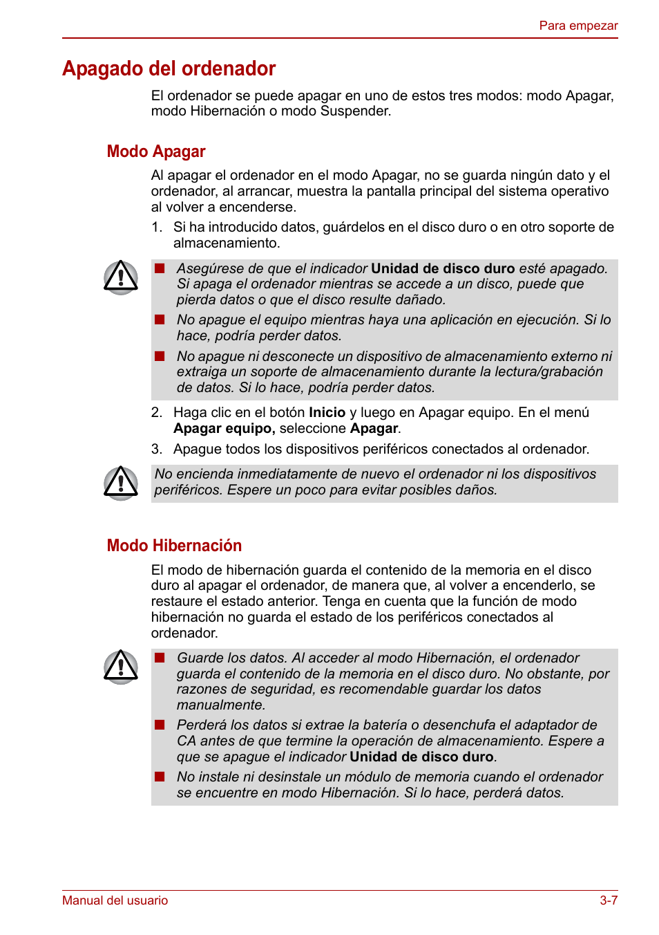 Apagado del ordenador, Apagado del ordenador -7, Modo apagar | Modo hibernación | Toshiba NB300 User Manual | Page 43 / 153