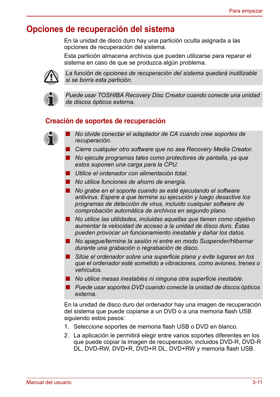 Opciones de recuperación del sistema, Opciones de recuperación del sistema -11, Creación de soportes de recuperación | Toshiba NB300 User Manual | Page 47 / 153