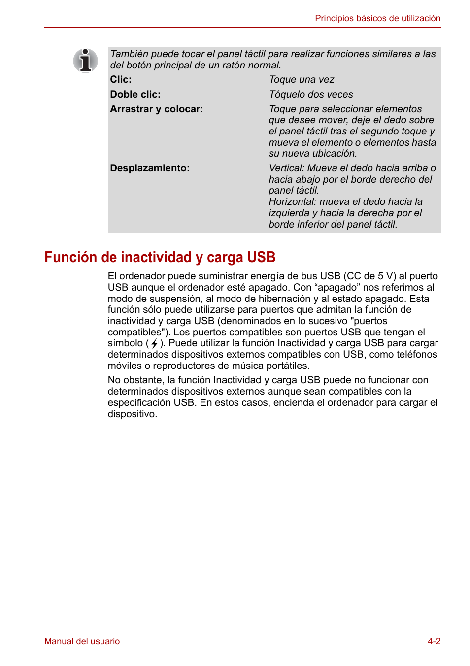 Función de inactividad y carga usb, Función de inactividad y carga usb -2, Función de inactividad y carga | Toshiba NB300 User Manual | Page 51 / 153