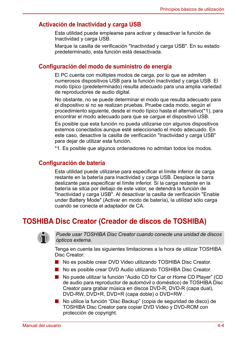 Activación de inactividad y carga usb, Configuración del modo de suministro de energía, Configuración de batería | Toshiba NB300 User Manual | Page 53 / 153