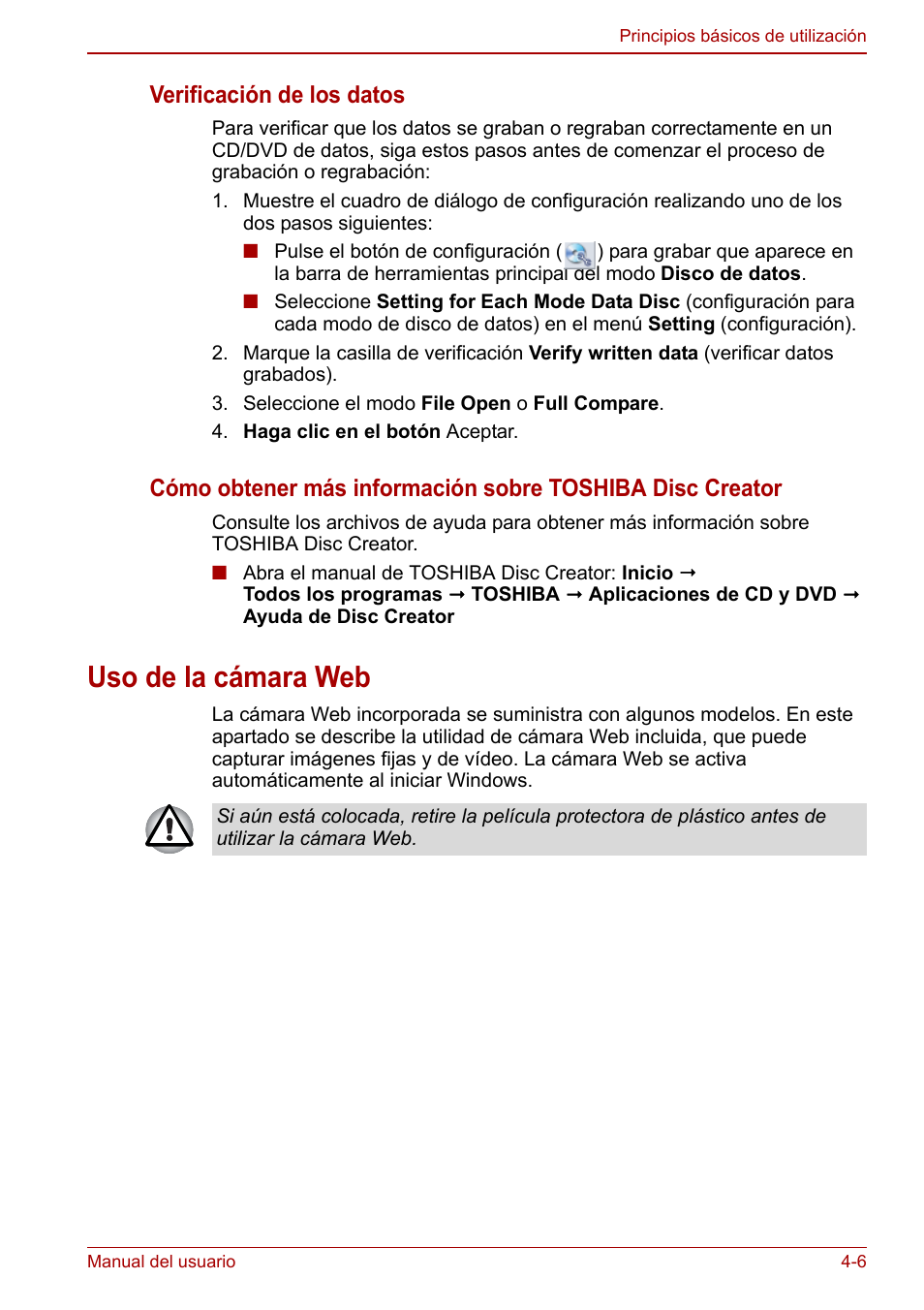 Uso de la cámara web, Uso de la cámara web -6, Verificación de los datos | Toshiba NB300 User Manual | Page 55 / 153