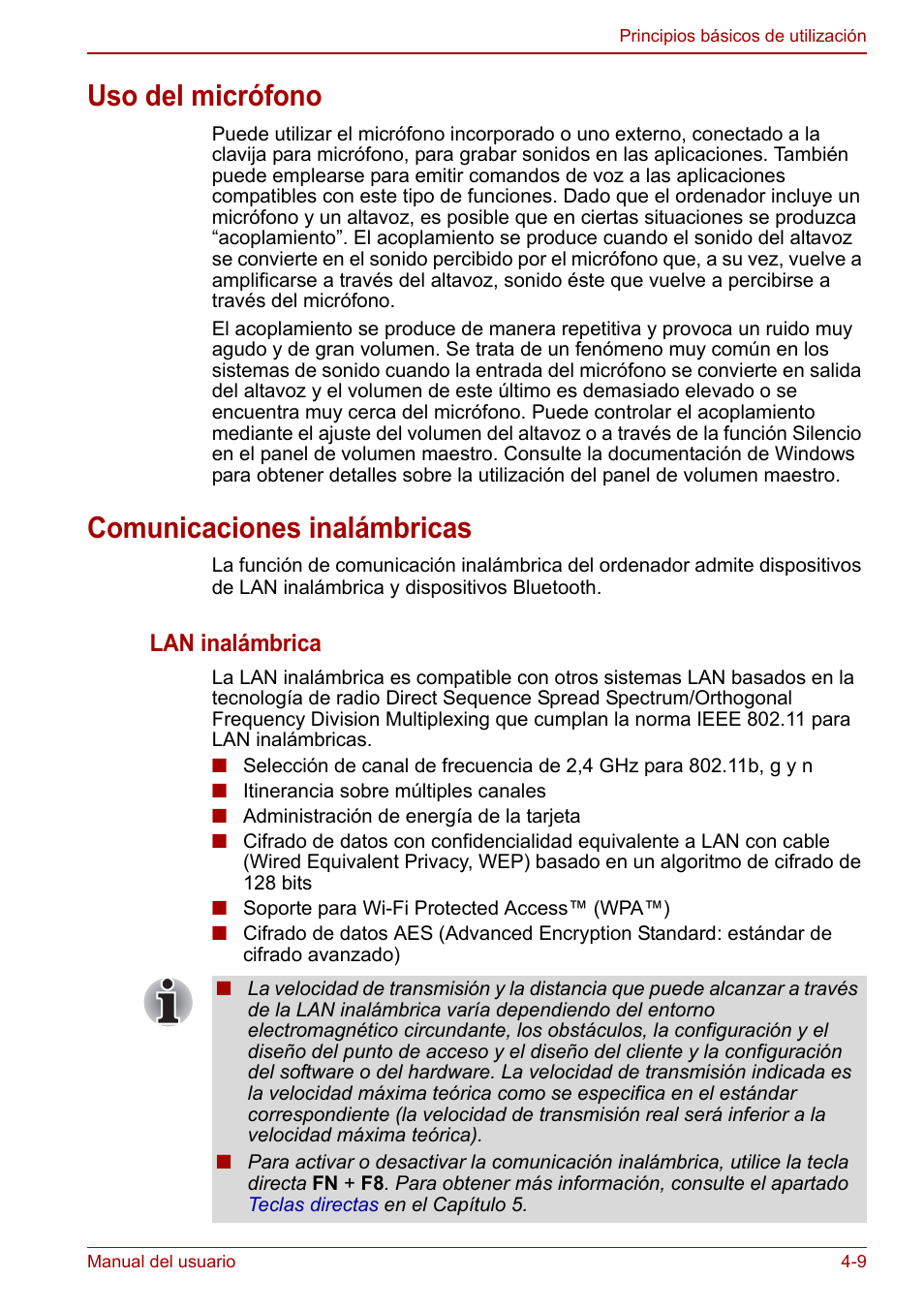 Uso del micrófono, Comunicaciones inalámbricas, Lan inalámbrica | Toshiba NB300 User Manual | Page 58 / 153