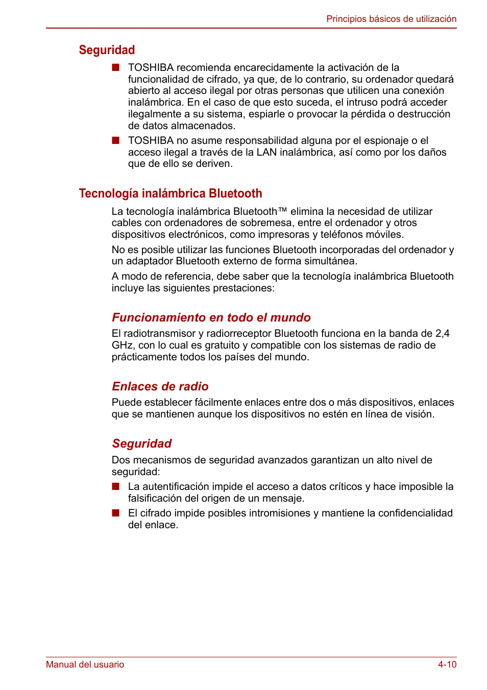 Seguridad, Tecnología inalámbrica bluetooth | Toshiba NB300 User Manual | Page 59 / 153