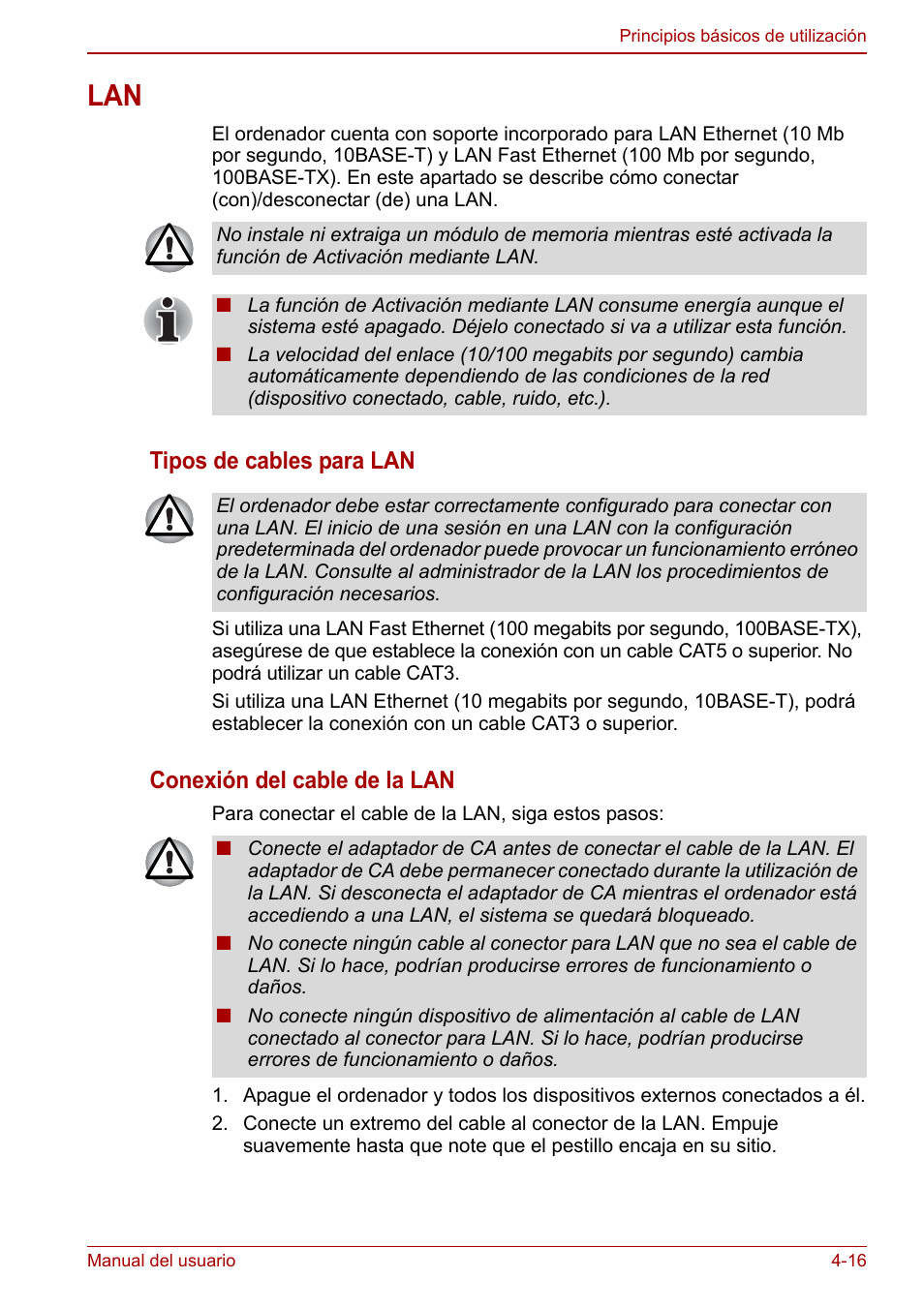 Lan -16, Tipos de cables para lan, Conexión del cable de la lan | Toshiba NB300 User Manual | Page 65 / 153