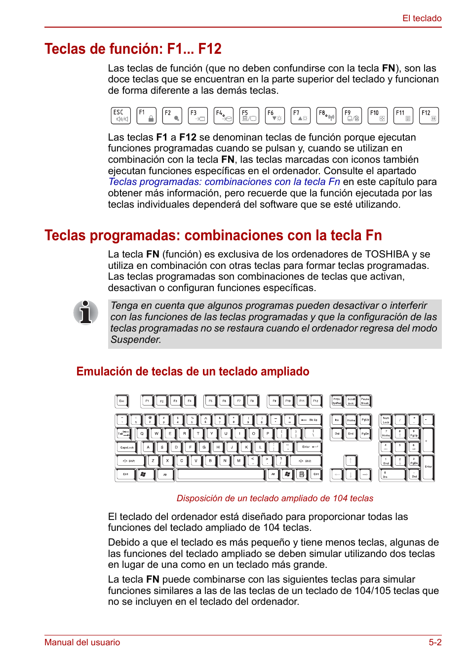 Teclas de función: f1... f12, Teclas programadas: combinaciones con la tecla fn, Emulación de teclas de un teclado ampliado | Toshiba NB300 User Manual | Page 72 / 153