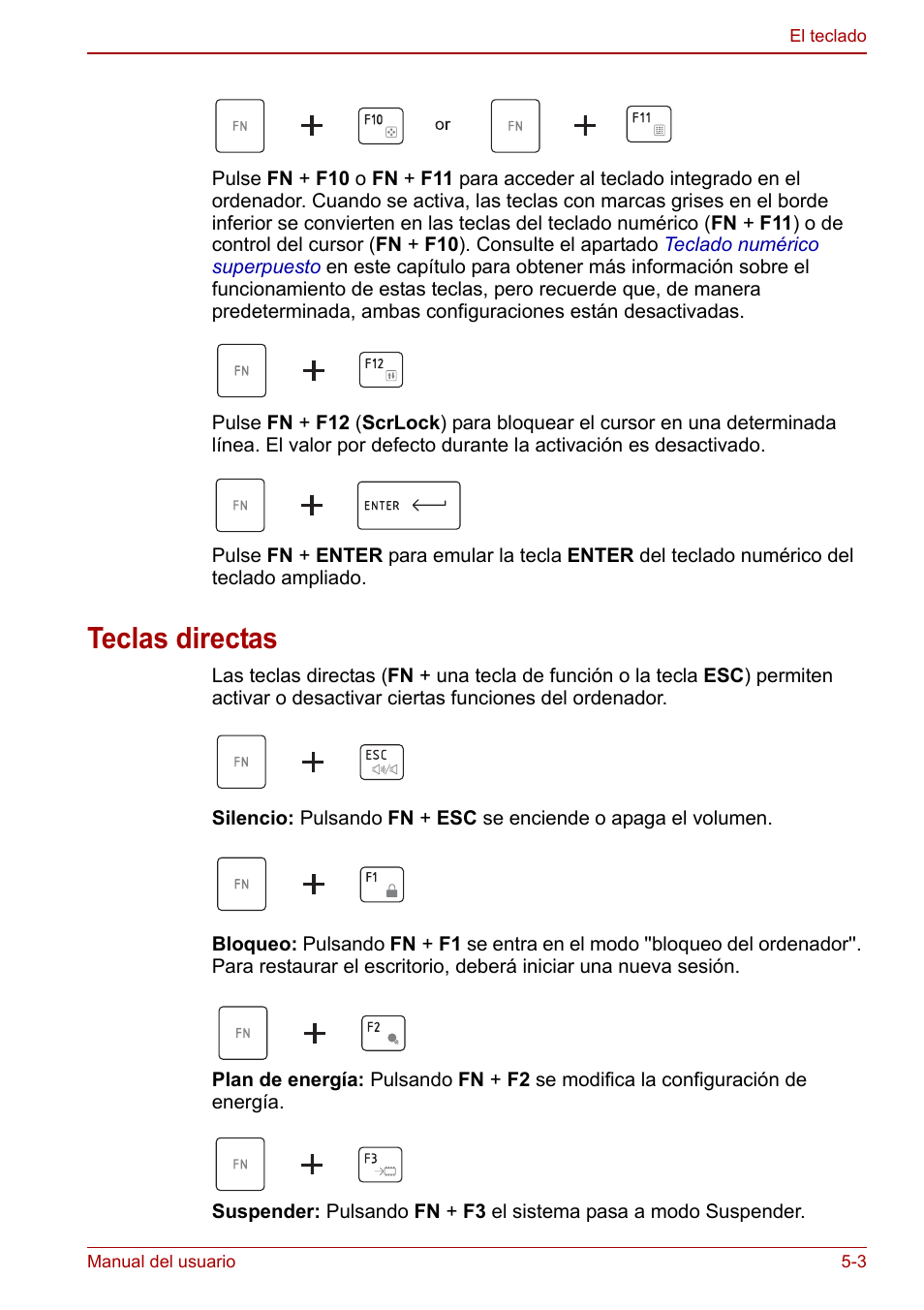 Teclas directas, Teclas directas -3 | Toshiba NB300 User Manual | Page 73 / 153