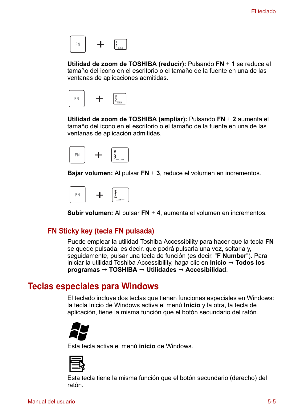 Teclas especiales para windows, Teclas especiales para windows -5, Fn sticky key (tecla fn pulsada) | Toshiba NB300 User Manual | Page 75 / 153