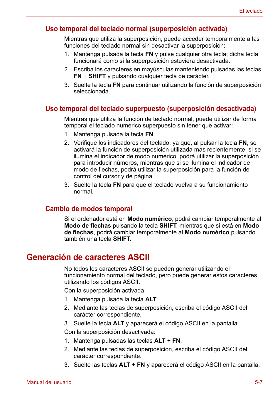 Generación de caracteres ascii, Generación de caracteres ascii -7, Cambio de modos temporal | Toshiba NB300 User Manual | Page 77 / 153