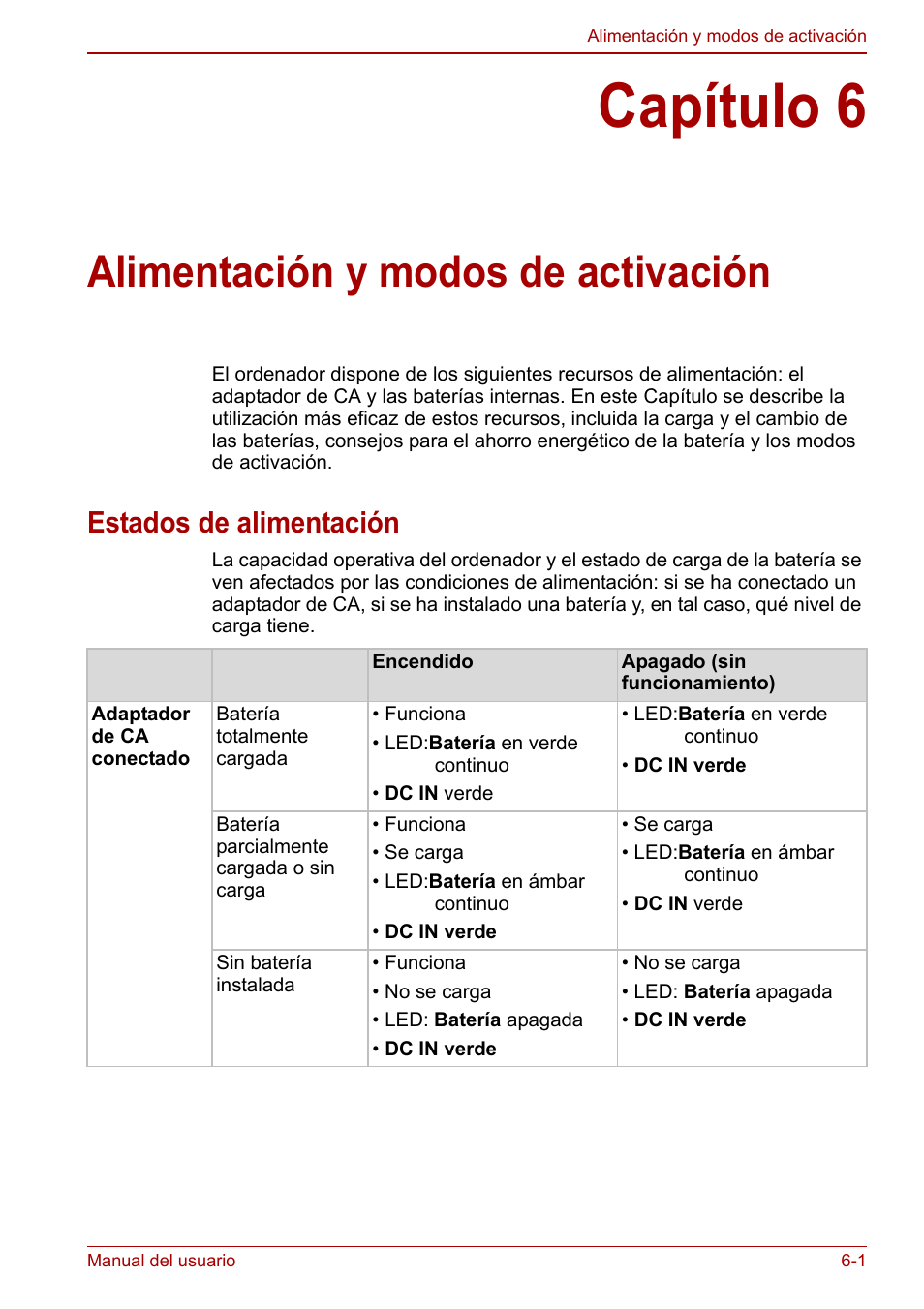 Capítulo 6: alimentación y modos de activación, Estados de alimentación, Capítulo 6 | Alimentación y modos de activación, Estados de alimentación -1, Alimentación y, Modos de activación | Toshiba NB300 User Manual | Page 78 / 153