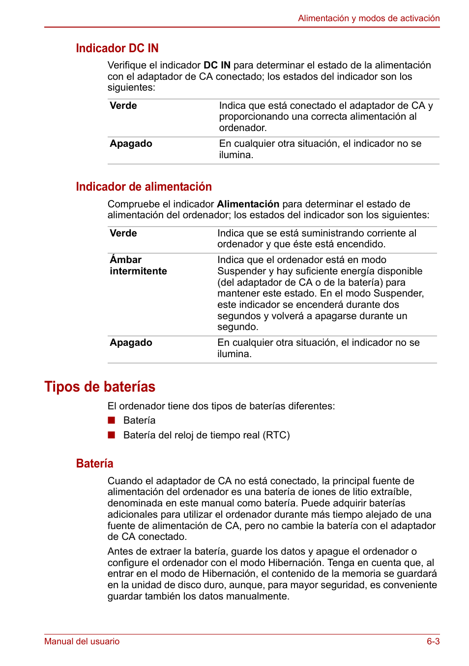 Tipos de baterías, Tipos de baterías -3, Indicador dc in | Indicador de alimentación, Batería | Toshiba NB300 User Manual | Page 80 / 153