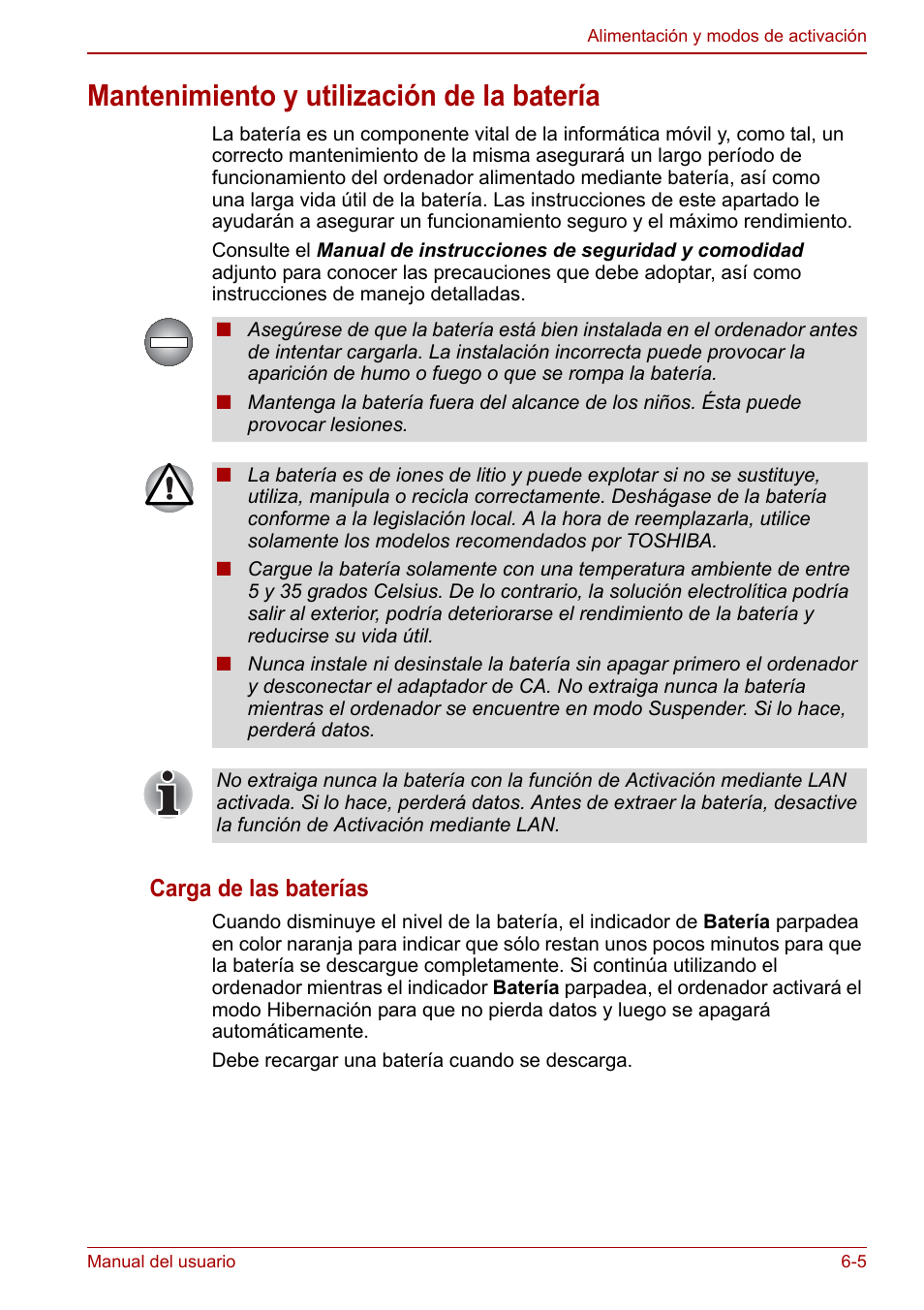 Mantenimiento y utilización de la batería, Mantenimiento y utilización de la batería -5, Carga de las baterías | Toshiba NB300 User Manual | Page 82 / 153