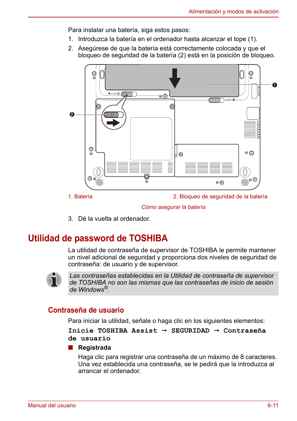 Utilidad de password de toshiba, Utilidad de password de toshiba -11, Contraseña de usuario | Toshiba NB300 User Manual | Page 88 / 153