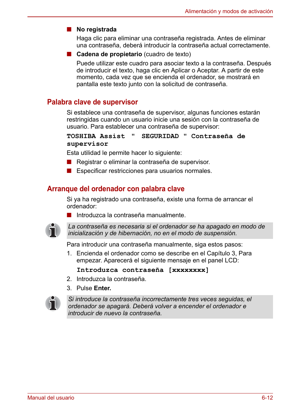 Palabra clave de supervisor, Arranque del ordenador con palabra clave | Toshiba NB300 User Manual | Page 89 / 153