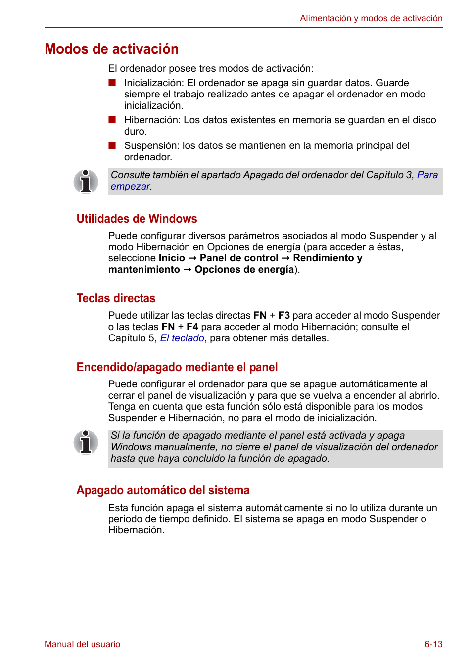 Modos de activación, Modos de activación -13, Utilidades de windows | Teclas directas, Encendido/apagado mediante el panel, Apagado automático del sistema | Toshiba NB300 User Manual | Page 90 / 153
