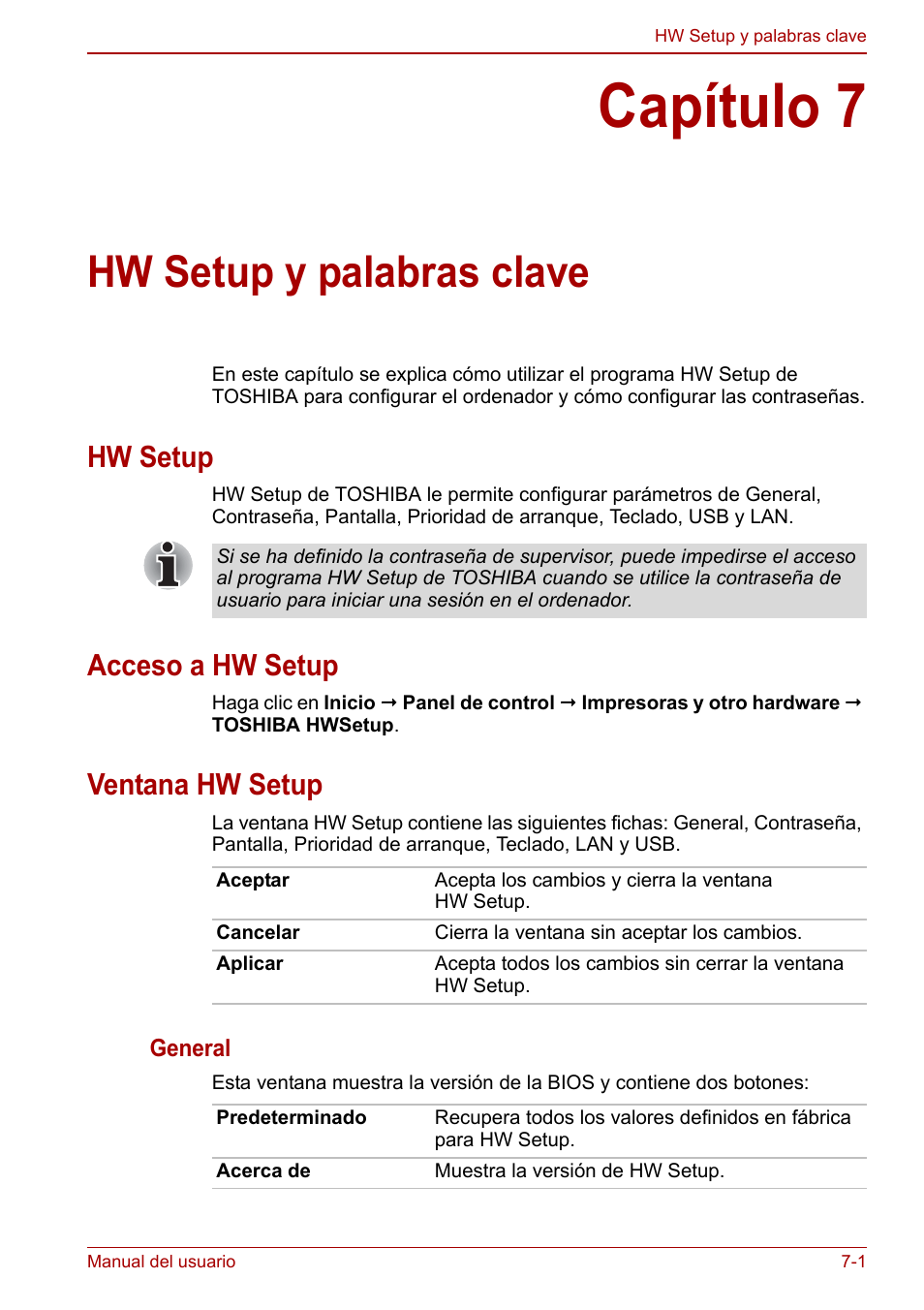 Capítulo 7: hw setup y palabras clave, Hw setup, Acceso a hw setup | Ventana hw setup, Capítulo 7, Hw setup y palabras clave | Toshiba NB300 User Manual | Page 91 / 153