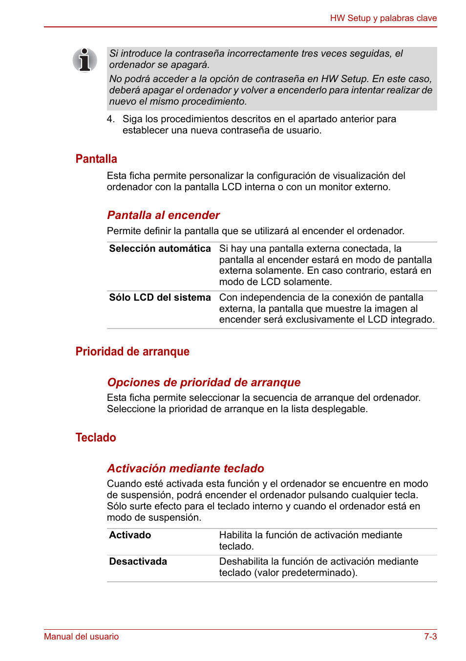 Pantalla, Prioridad de arranque, Teclado | Toshiba NB300 User Manual | Page 93 / 153