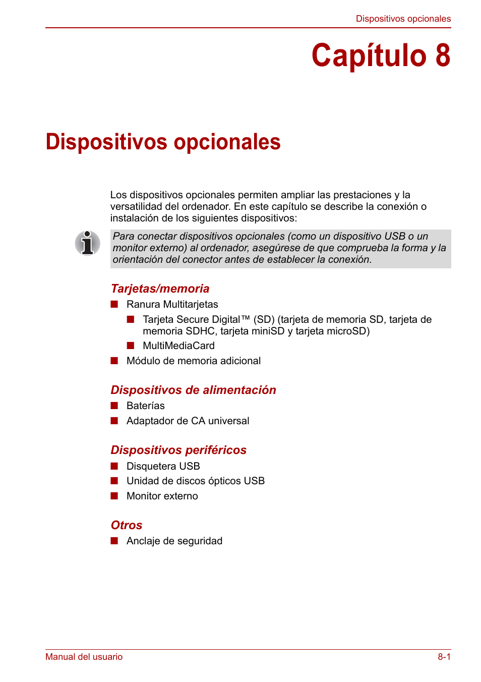 Capítulo 8: dispositivos opcionales, Capítulo 8, Dispositivos opcionales | Toshiba NB300 User Manual | Page 96 / 153