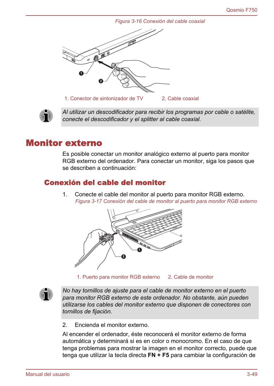 Monitor externo, Conexión del cable del monitor, Monitor externo -49 | Toshiba Qosmio F750 User Manual | Page 100 / 193