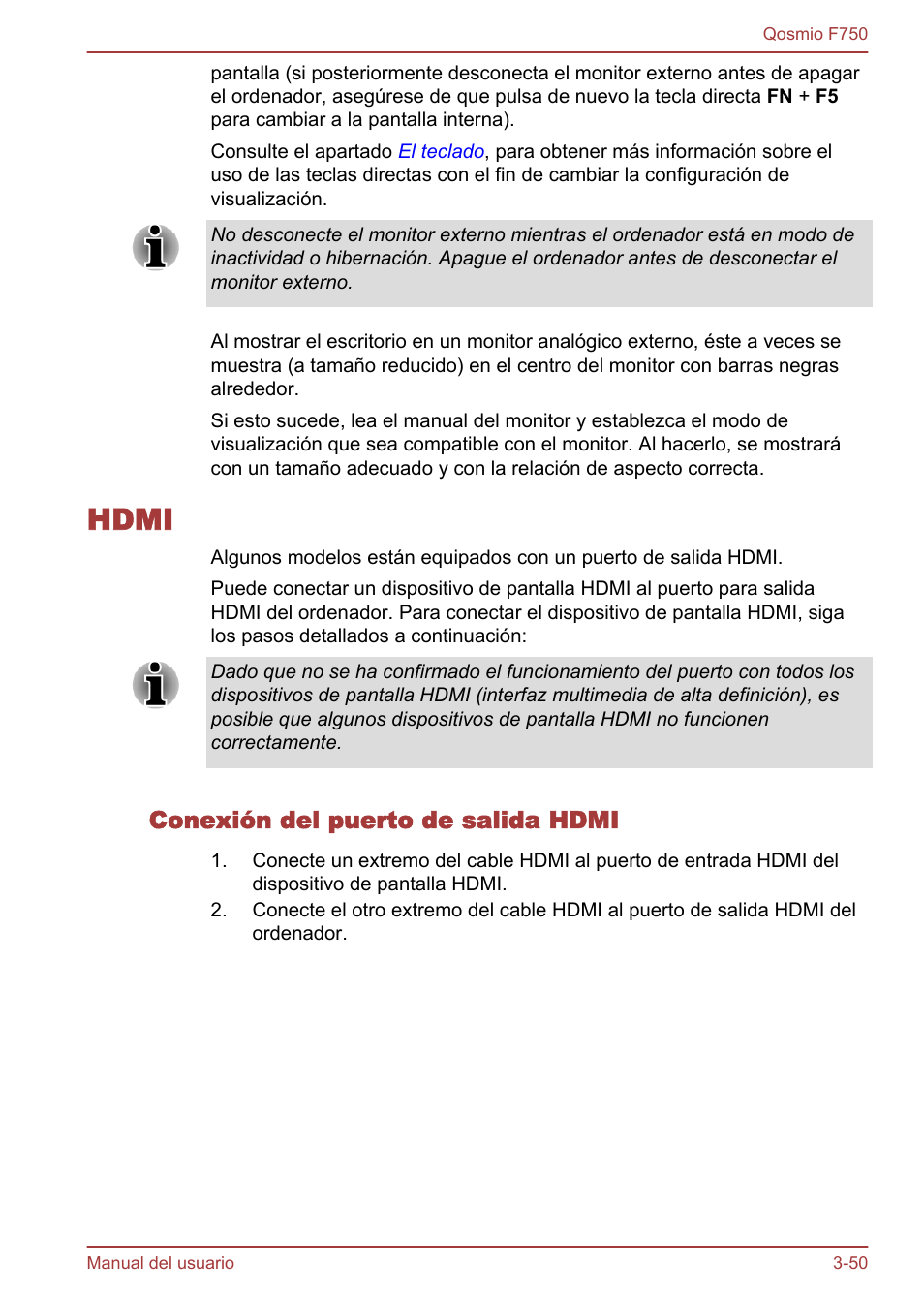 Hdmi, Conexión del puerto de salida hdmi, Hdmi -50 | Toshiba Qosmio F750 User Manual | Page 101 / 193