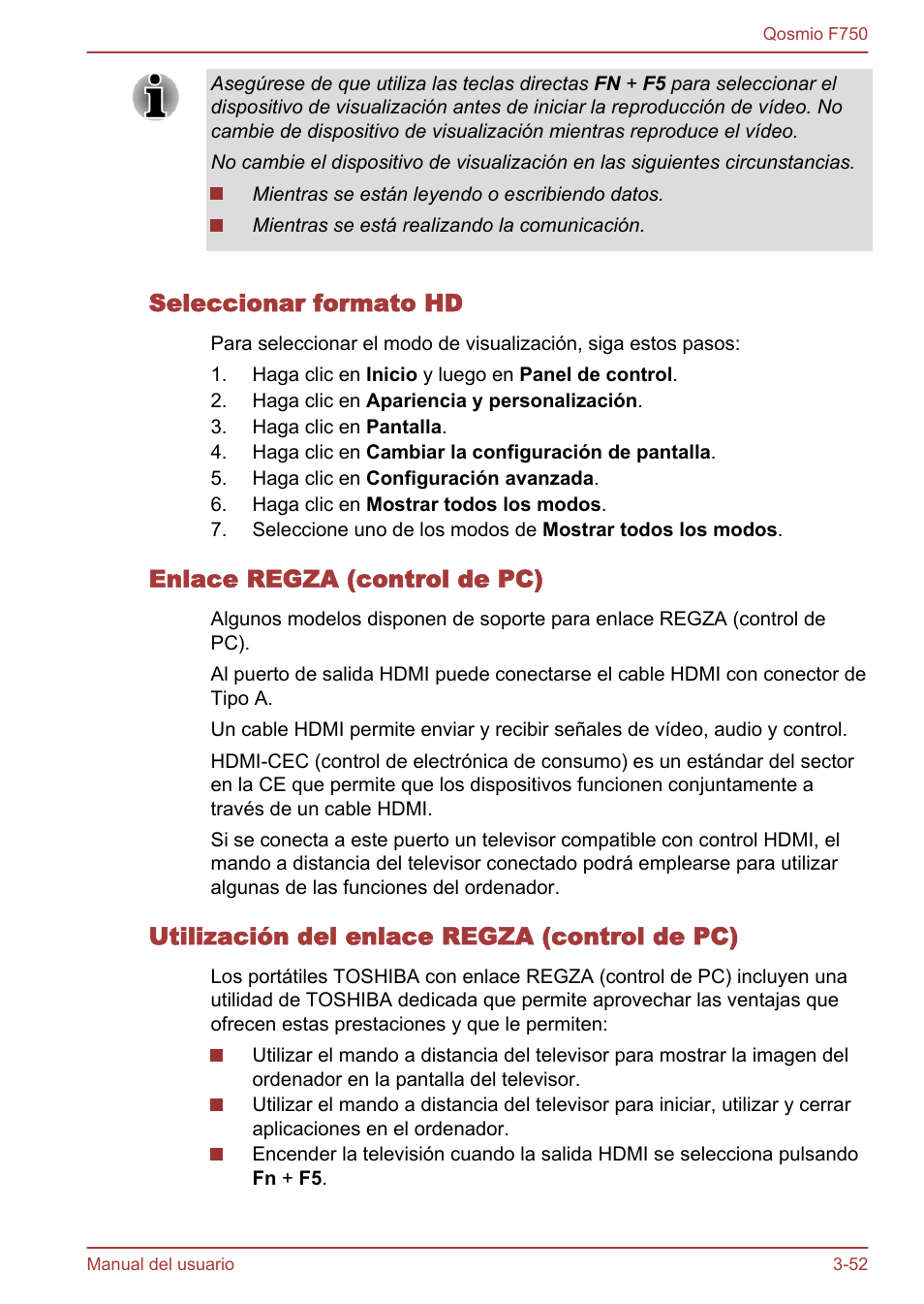 Seleccionar formato hd, Enlace regza (control de pc), Utilización del enlace regza (control de pc) | Toshiba Qosmio F750 User Manual | Page 103 / 193