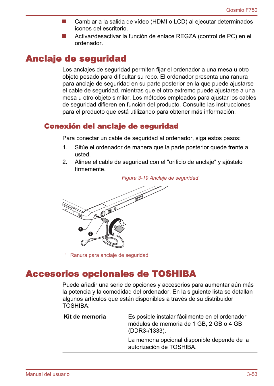 Anclaje de seguridad, Conexión del anclaje de seguridad, Accesorios opcionales de toshiba | Toshiba Qosmio F750 User Manual | Page 104 / 193