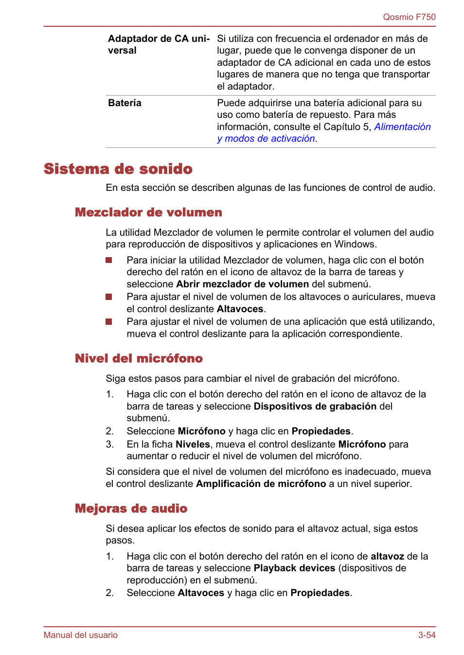 Sistema de sonido, Mezclador de volumen, Nivel del micrófono | Mejoras de audio, Sistema de sonido -54, Más información, consulte el apartado, Sistema, De sonido, Del capítulo 3, principios básicos de | Toshiba Qosmio F750 User Manual | Page 105 / 193