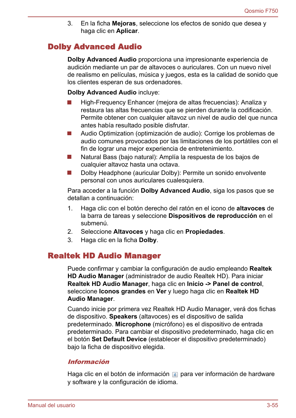 Dolby advanced audio, Realtek hd audio manager | Toshiba Qosmio F750 User Manual | Page 106 / 193