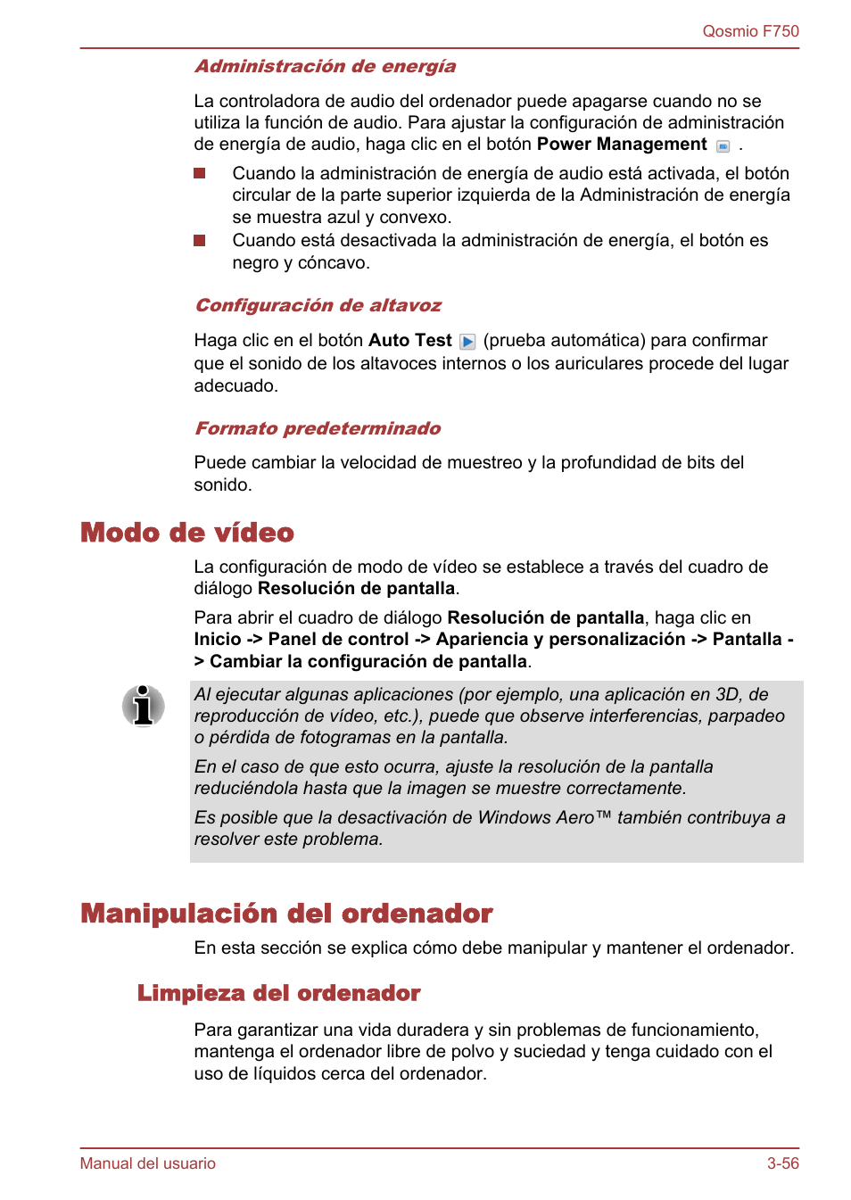 Modo de vídeo, Manipulación del ordenador, Limpieza del ordenador | Modo de vídeo -56 manipulación del ordenador -56 | Toshiba Qosmio F750 User Manual | Page 107 / 193