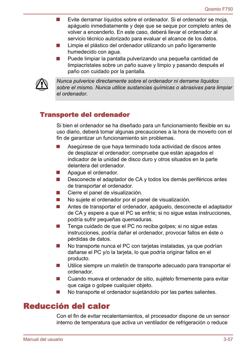 Transporte del ordenador, Reducción del calor, Reducción del calor -57 | Toshiba Qosmio F750 User Manual | Page 108 / 193