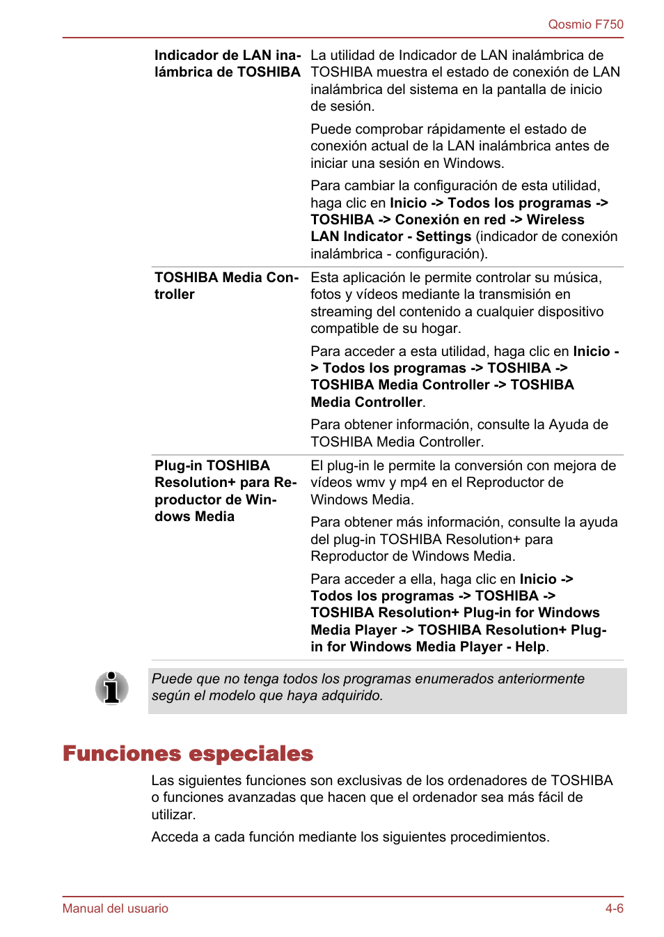 Funciones especiales, Funciones especiales -6 | Toshiba Qosmio F750 User Manual | Page 115 / 193