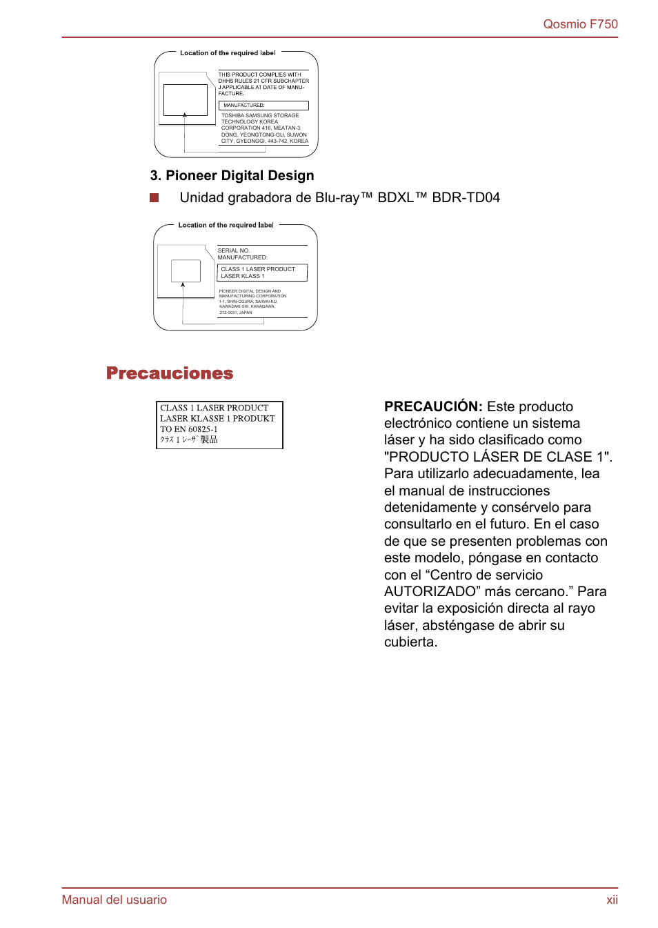 Precauciones, Qosmio f750 manual del usuario xii | Toshiba Qosmio F750 User Manual | Page 12 / 193