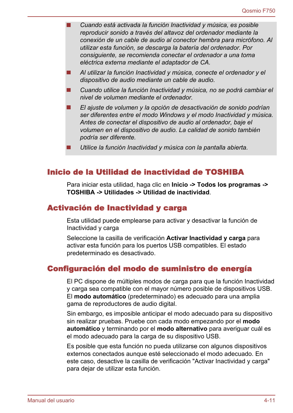 Inicio de la utilidad de inactividad de toshiba, Activación de inactividad y carga, Configuración del modo de suministro de energía | Toshiba Qosmio F750 User Manual | Page 120 / 193