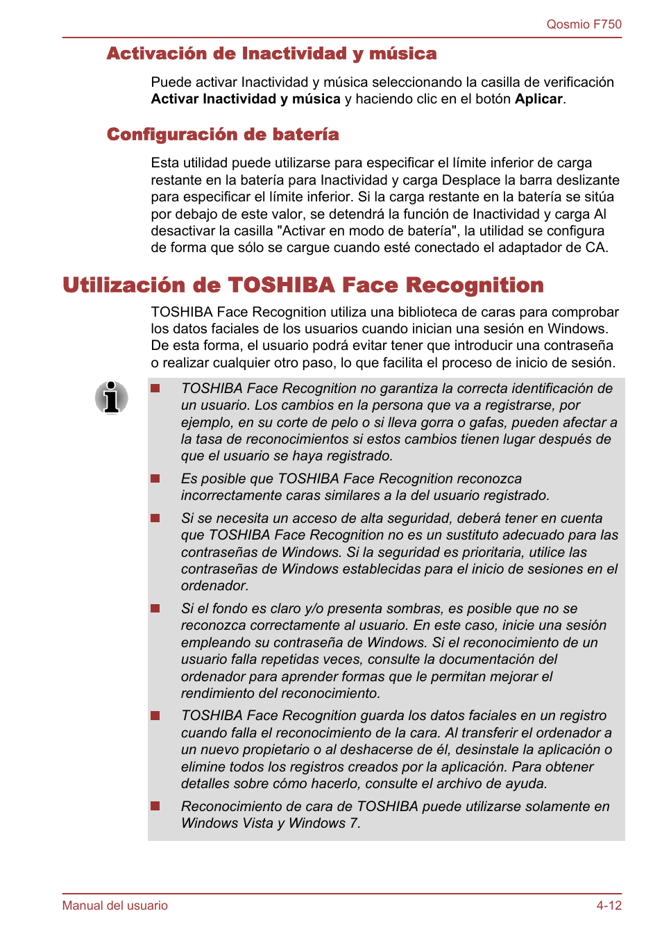 Activación de inactividad y música, Configuración de batería, Utilización de toshiba face recognition | Utilización de toshiba face recognition -12 | Toshiba Qosmio F750 User Manual | Page 121 / 193