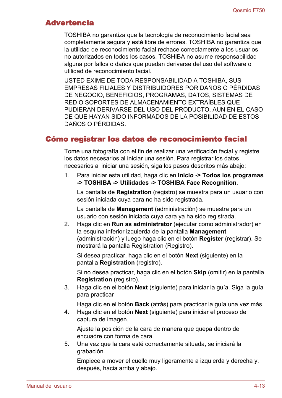 Advertencia, Cómo registrar los datos de reconocimiento facial | Toshiba Qosmio F750 User Manual | Page 122 / 193