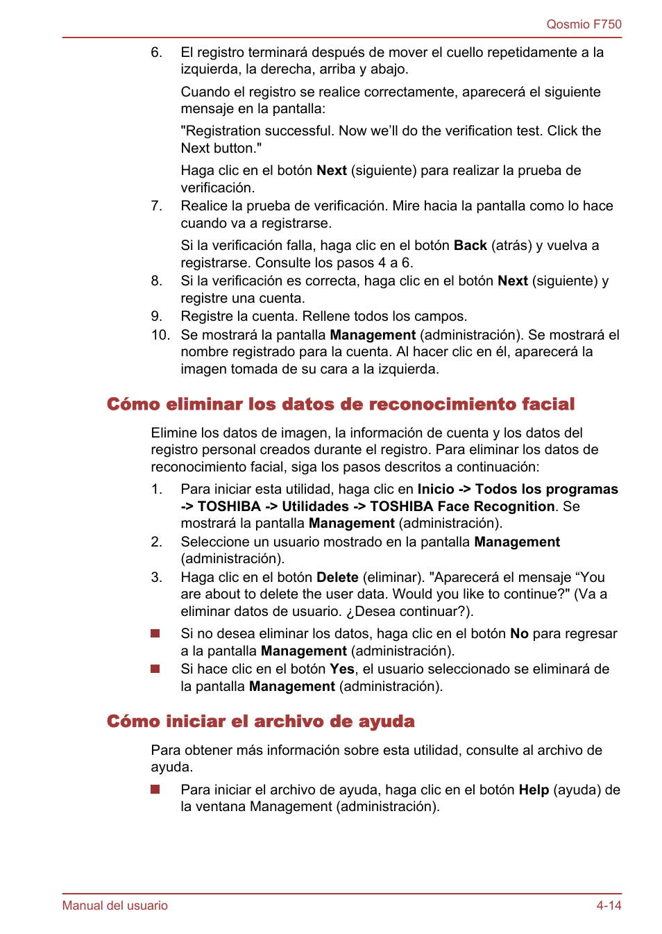 Cómo eliminar los datos de reconocimiento facial, Cómo iniciar el archivo de ayuda | Toshiba Qosmio F750 User Manual | Page 123 / 193