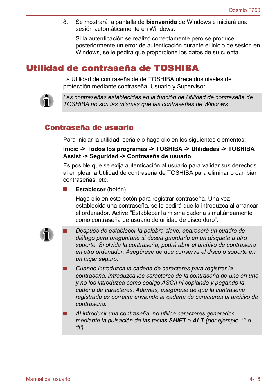 Utilidad de contraseña de toshiba, Contraseña de usuario, Utilidad de contraseña de toshiba -16 | Toshiba Qosmio F750 User Manual | Page 125 / 193